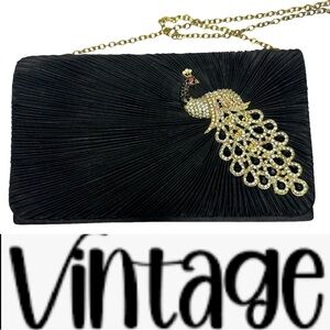 Vintage 80’s Black Satin Cloche and Rhinestone Peacock Evening Bag